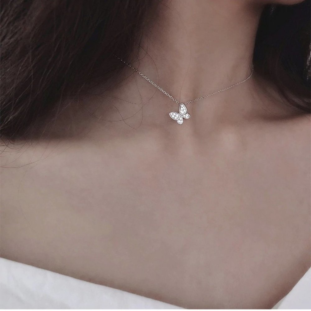 NEW 925 Sterling Silver Diamond Butterfly Necklace